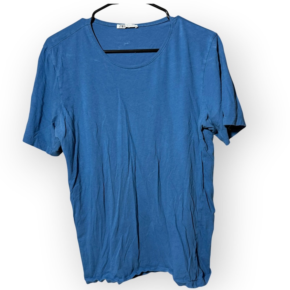 Zara Blue Short Sleeve Scoop Neck T-Shirt Size Large Made in Portugal